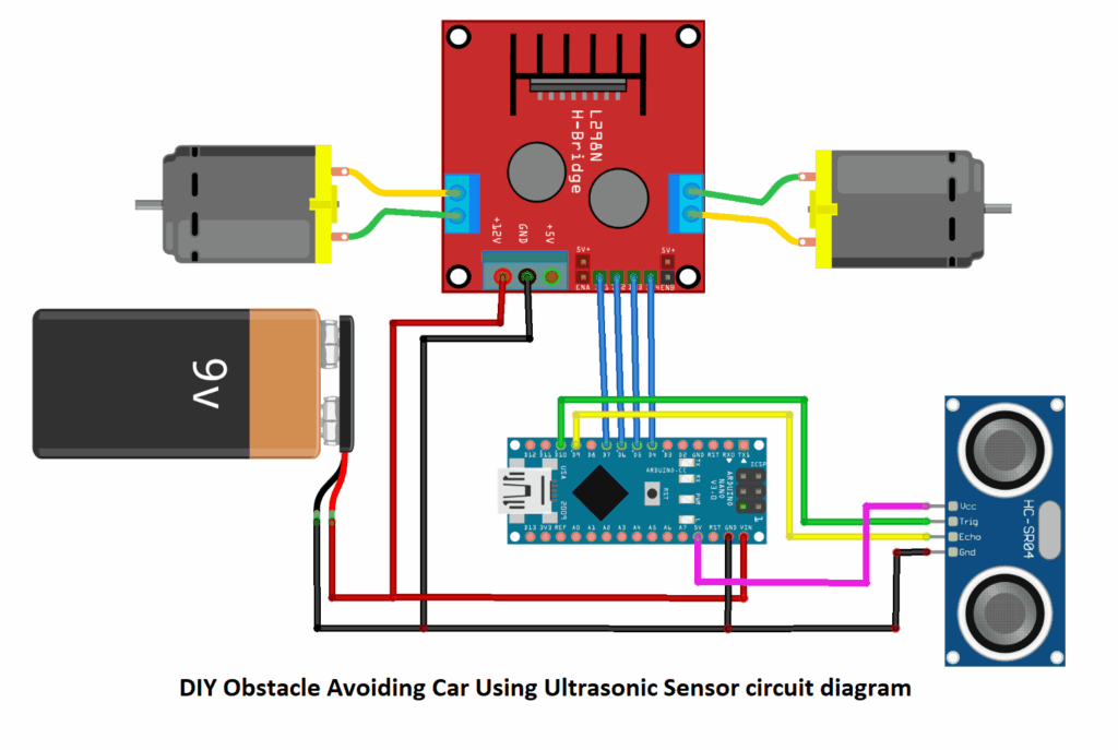 DIY Obstacle Avoiding Car Using Ultrasonic Sensor circuit diagram description